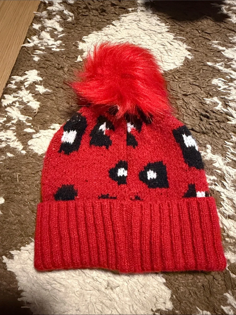 Red Leopard Pom Beanie Kids Winter Hat